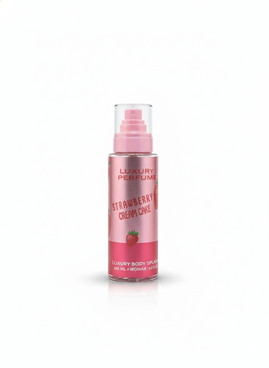 Pink 'Strawberry Cream Cake' perfume bottle on a white background
